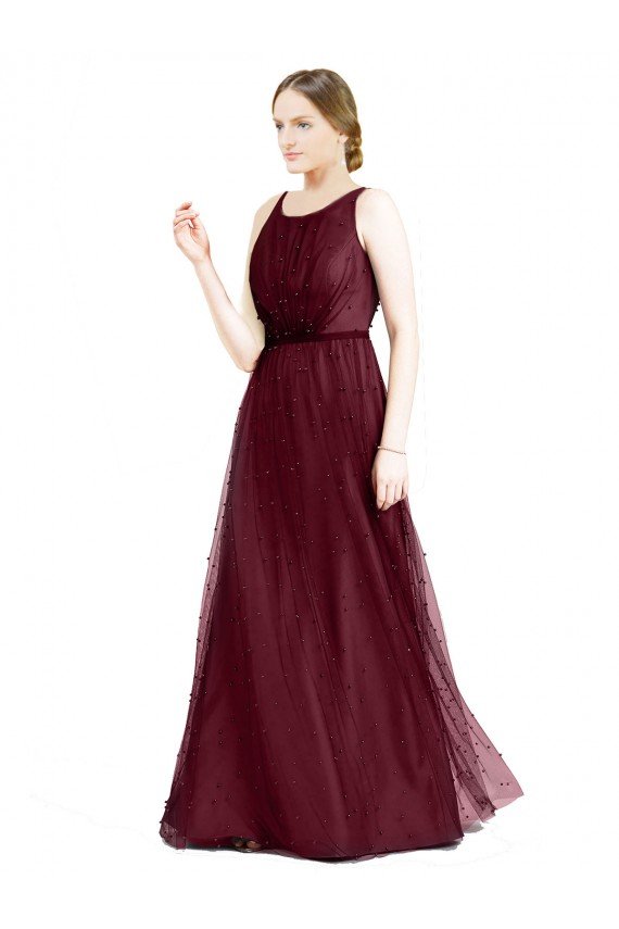 Sleeveless Boat Neck Long Pearl Tulle Bridesmaid Dress with Keyhole Back Bristol
