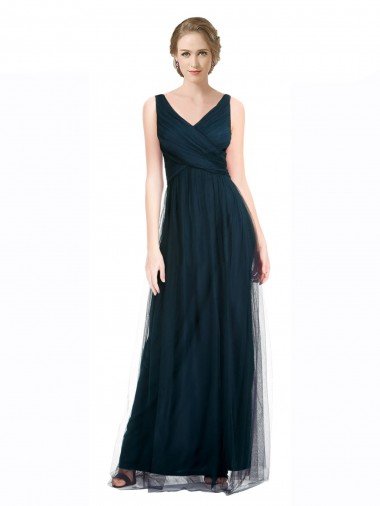 Full Length Long Tulle Bridesmaid Dress with V-Neck Criss-Cross Ruched Top Bristol