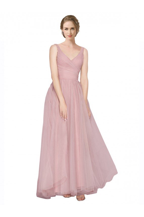 Long Floor Length Wide Strap Plunge Cross Over Neckline Tulle Bridesmaid Dress Bristol