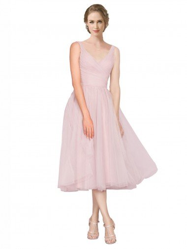 Short Tea Length Wide Strap Plunge Cross Over Neckline Tulle Cocktail Bridesmaid Dress Bristol