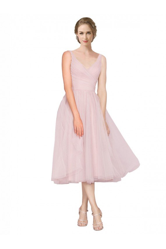 Short Tea Length Wide Strap Plunge Cross Over Neckline Tulle Cocktail Bridesmaid Dress Bristol