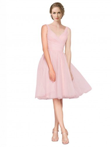 Short Knee Length Wide Strap Plunge Cross Over Neckline Tulle Cocktail Bridesmaid Dress Bristol