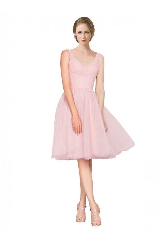 Short Knee Length Wide Strap Plunge Cross Over Neckline Tulle Cocktail Bridesmaid Dress Bristol