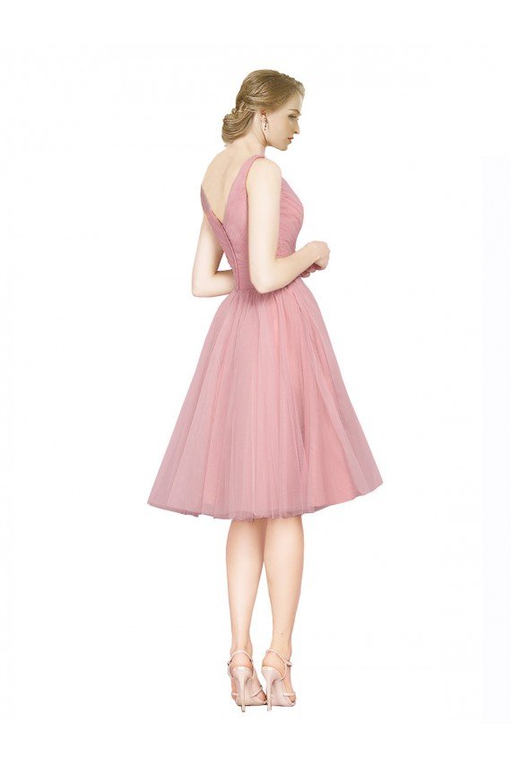 Short Knee Length Wide Strap Plunge Cross Over Neckline Tulle Cocktail Bridesmaid Dress Bristol