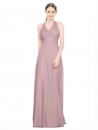 Ruffled Halter V-Neck Long Tulle Bridesmaid Dress with Pleats Bristol