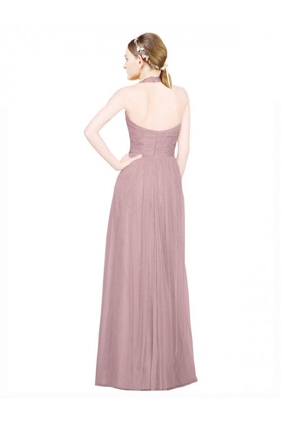 Ruffled Halter V-Neck Long Tulle Bridesmaid Dress with Pleats Bristol