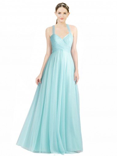 Ruched Sweetheart Neckline A-Line Tulle Bridesmaid Dress with Tie Open Back Bristol