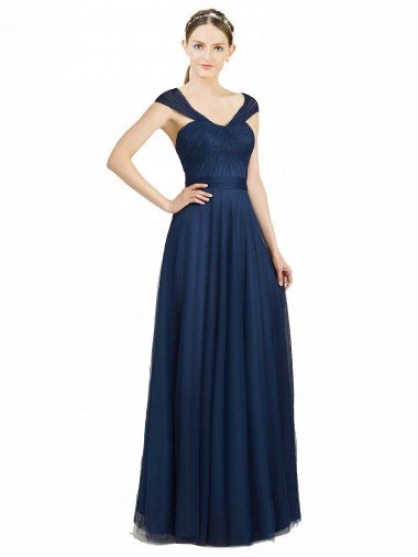 Ruched Sweetheart Long A-Line Tulle Bridesmaid Dress with Wide Straps and Tie Back Bristol