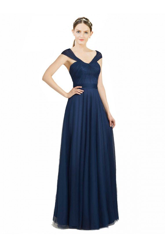 Ruched Sweetheart Long A-Line Tulle Bridesmaid Dress with Wide Straps and Tie Back Bristol