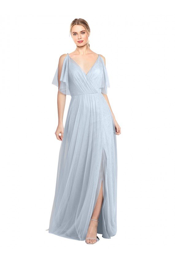 Floor Length Flutter Sleeves Long Tulle Bridesmaid Dress with Side Slit Bristol