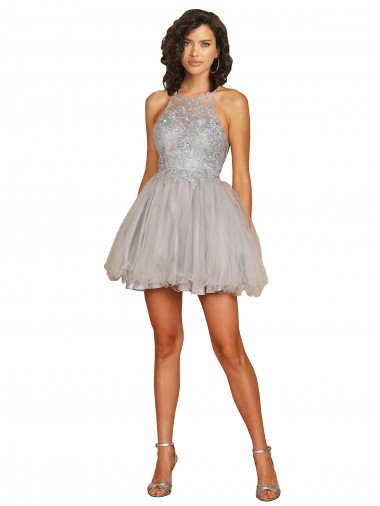 Halter Neckline Criss Cross Back Short Cocktail Dress with Beaded Lace Bodice Bristol