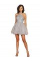Halter Neckline Criss Cross Back Short Cocktail Dress with Beaded Lace Bodice Bristol