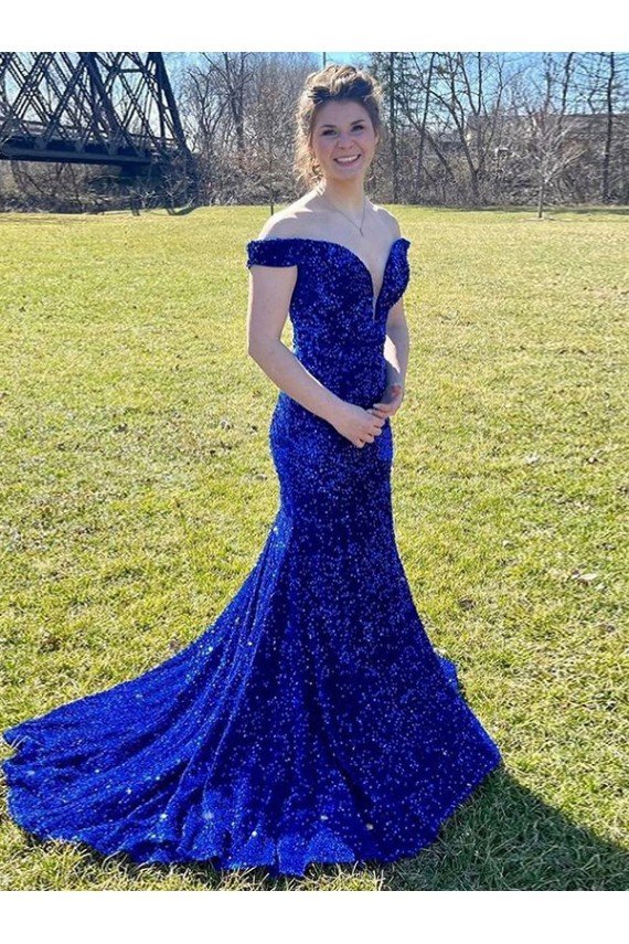 Off the Shoulder Sleeveless Long Sweep Train Velvet Sequin Prom Dress Bristol
