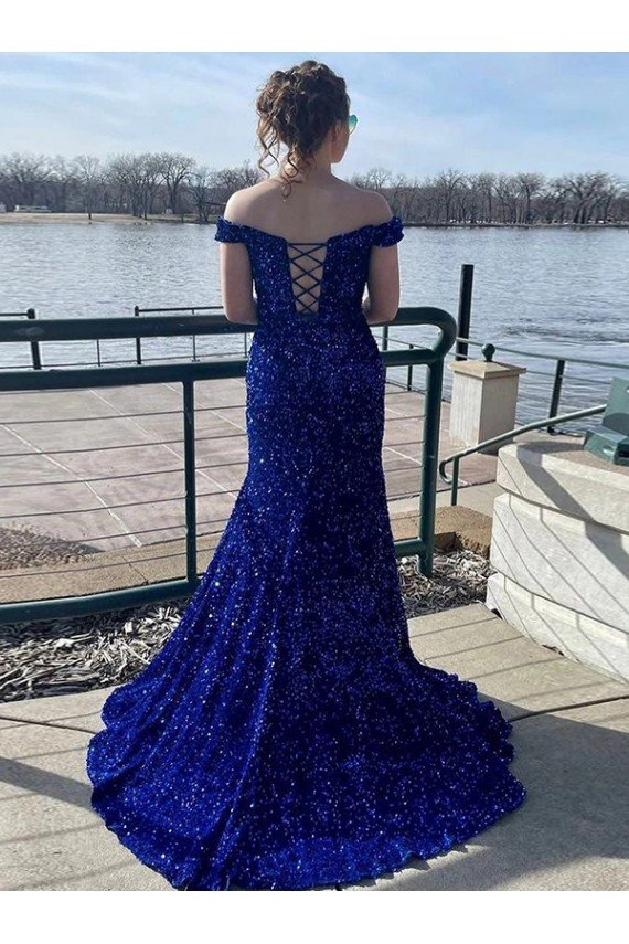 Off the Shoulder Sleeveless Long Sweep Train Velvet Sequin Prom Dress Bristol