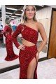 Mermaid One Shoulder Long Sleeves Long Sweep Train Velvet Sequin Prom Dress with High Slit Bristol
