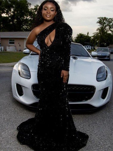 One Shoulder Long Sleeves Long Sweep Train Velvet Sequin Prom Dress Bristol