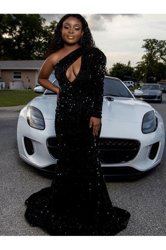 One Shoulder Long Sleeves Long Sweep Train Velvet Sequin Prom Dress Bristol