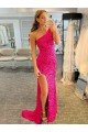 One Shoulder Sleeveless Long Velvet Sequin Prom Dress with High Slit Bristol