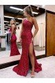 Mermaid One Shoulder Sleeveless Long Sweep Train Velvet Sequin Prom Dress with High Slit Bristol