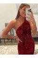 Open Back One Shoulder Sleeveless Long Sweep Train Velvet Sequin Prom Dress Bristol