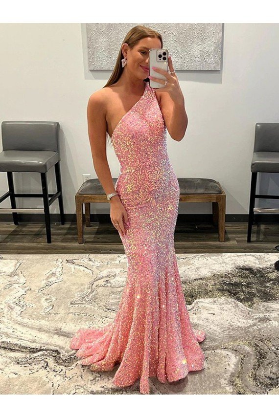 Open Back One Shoulder Sleeveless Long Sweep Train Velvet Sequin Prom Dress Bristol