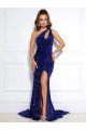 Mermaid One Shoulder Sleeveless Long Court Train Velvet Sequin Prom Dress with Slit Bristol