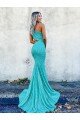Mermaid One Shoulder Sleeveless Long Sweep Train Velvet Sequin Prom Dress Bristol