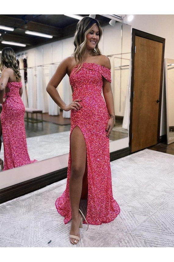One Shoulder Sleeveless Long Sweep Train Velvet Sequin Prom Dress with Side Slit Bristol