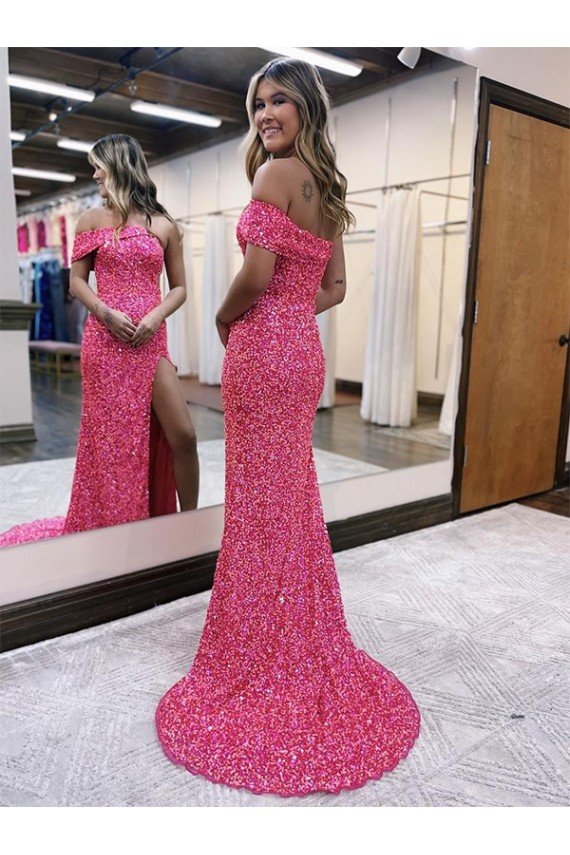 One Shoulder Sleeveless Long Sweep Train Velvet Sequin Prom Dress with Side Slit Bristol