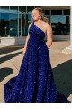 A-Line One Shoulder Sleeveless Long Sweep Train Velvet Sequin Prom Dress with Pockets Bristol