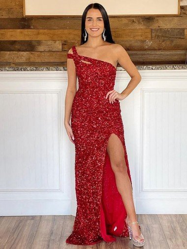 One Shoulder Sleeveless Long Sweep Train Velvet Sequin Prom Dress Bristol