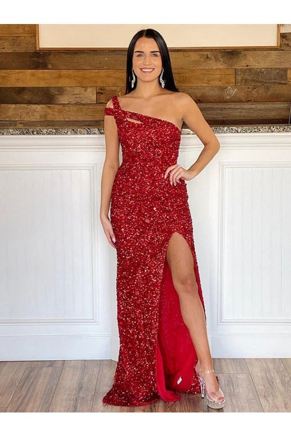 One Shoulder Sleeveless Long Sweep Train Velvet Sequin Prom Dress Bristol