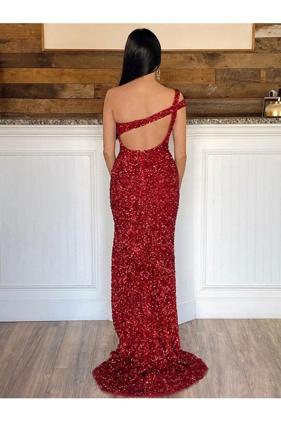 One Shoulder Sleeveless Long Sweep Train Velvet Sequin Prom Dress Bristol