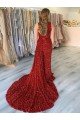 One Shoulder Sleeveless Long Court Train Velvet Sequin Prom Dress with Slit Bristol