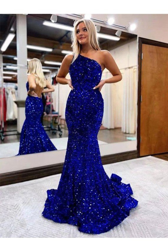Mermaid One Shoulder Open Back Long Sweep Train Velvet Sequin Prom Dress Bristol
