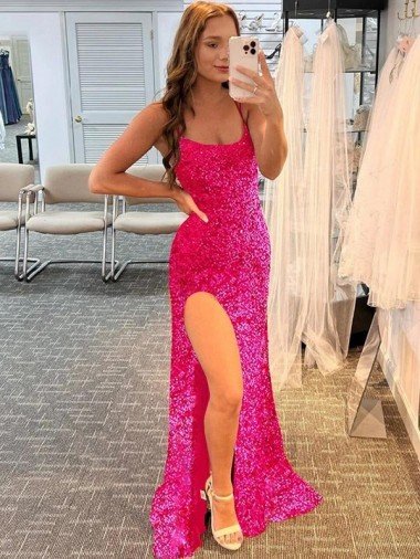 Spaghetti Straps Sleeveless Long Velvet Sequin Prom Dress with Slit and Criss Cross Open Back Bristol