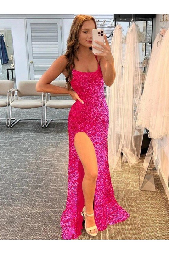 Spaghetti Straps Sleeveless Long Velvet Sequin Prom Dress with Slit and Criss Cross Open Back Bristol