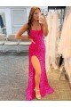 Spaghetti Straps Sleeveless Long Velvet Sequin Prom Dress with Slit and Criss Cross Open Back Bristol