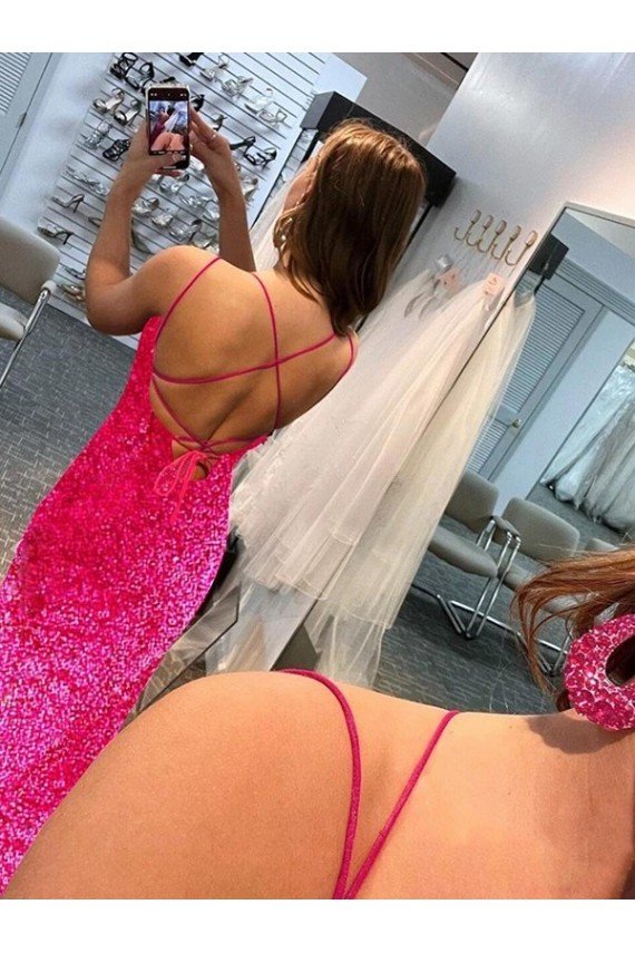 Spaghetti Straps Sleeveless Long Velvet Sequin Prom Dress with Slit and Criss Cross Open Back Bristol