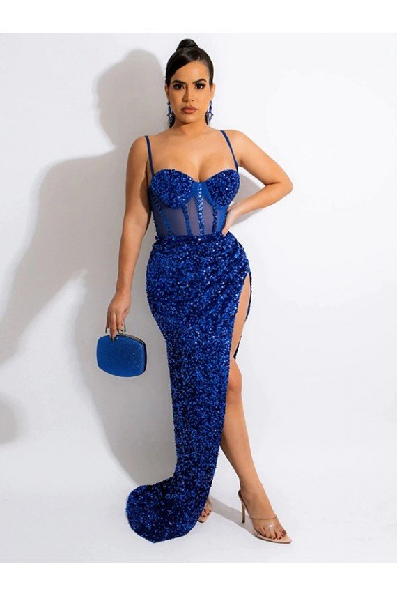Long Sweep Train Spaghetti Straps Sleeveless Velvet Sequin Prom Dress with Slit Bristol