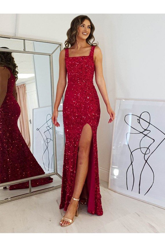 Square Neck Sleeveless Long Velvet Sequin Prom Dress with Slit Bristol