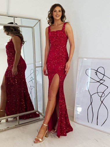 Square Neck Sleeveless Long Velvet Sequin Prom Dress with Slit Bristol
