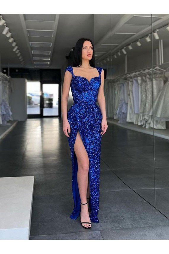 Sleeveless Long Sweep Train Velvet Sequin Prom Dress with High Slit and Straps Bristol