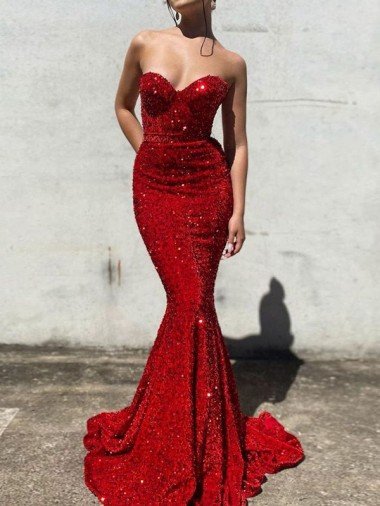 Mermaid Sweetheart Sleeveless Long Court Train Velvet Sequin Prom Dress Bristol