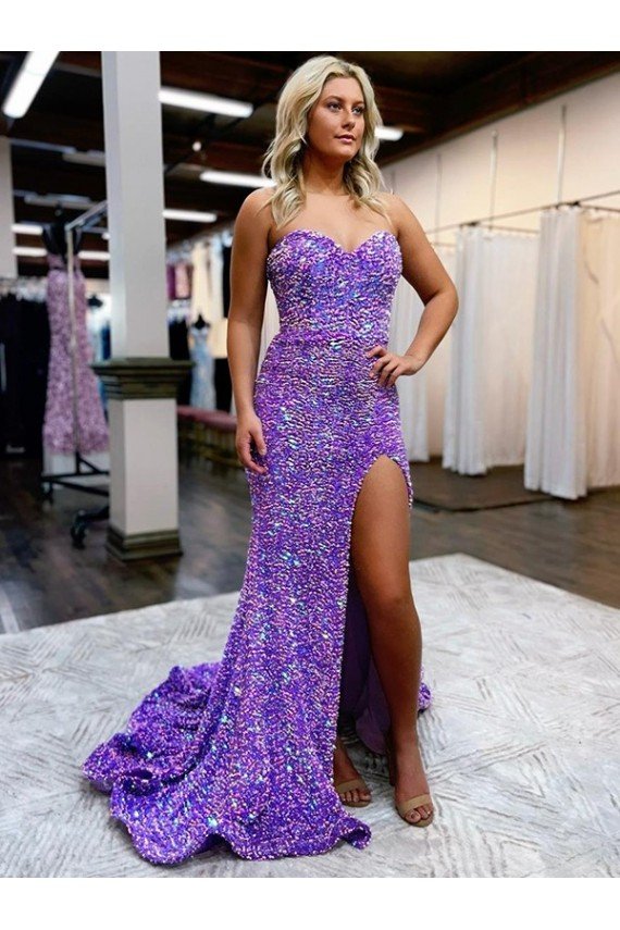 A-Line Sweetheart Sleeveless Long Velvet Sequin Prom Dress with Slit Bristol