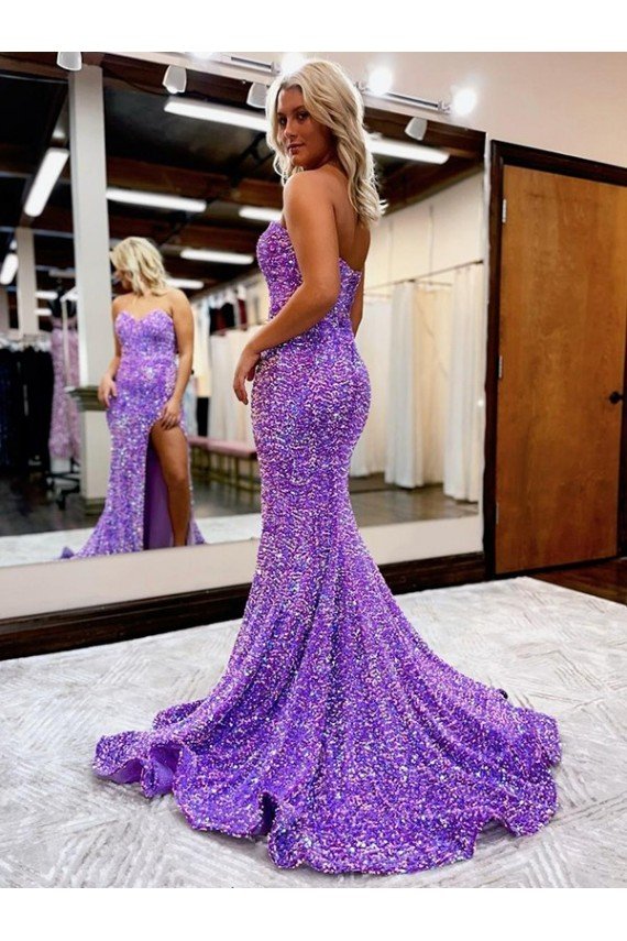 A-Line Sweetheart Sleeveless Long Velvet Sequin Prom Dress with Slit Bristol