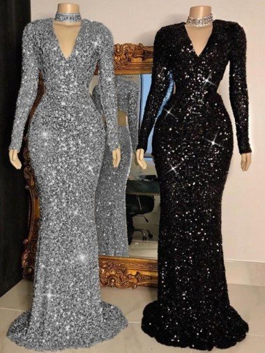 V-Neck Long Sleeves Long Sweep Train Velvet Sequin Prom Dress Bristol
