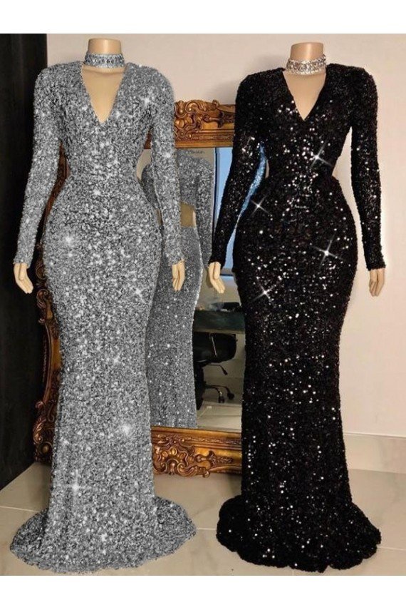 V-Neck Long Sleeves Long Sweep Train Velvet Sequin Prom Dress Bristol