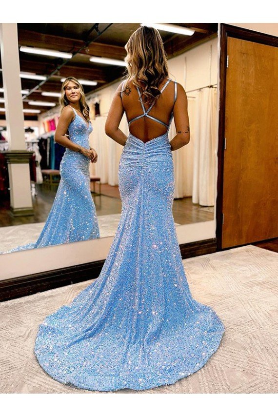 Criss Cross Open Back V-Neck Sleeveless Long Velvet Sequin Prom Dress Bristol
