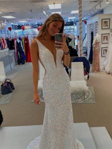 V-Neck Sleeveless Long Velvet Sequin Prom Dress with Sweep Train Bristol